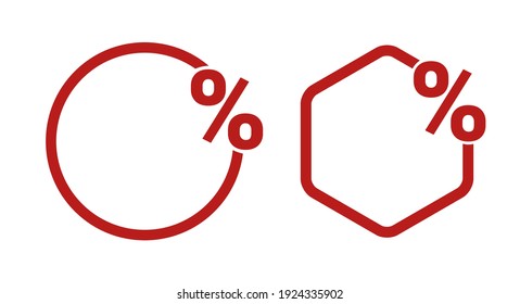 Discount sticker, percent off sale frame. Round and hexagonal shape. Flat vector illustration isolated on white.