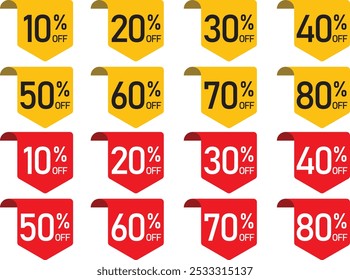 Discount Sticker Product Tag Set: Shopping Discount Labels with 10% to 80% Off – Vector Badges on Transparent Background