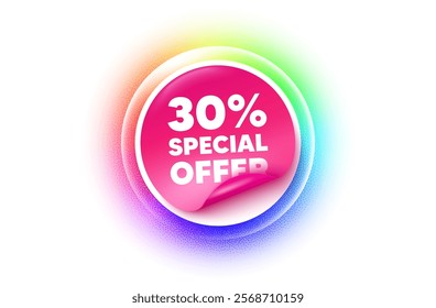 Discount sticker rainbow gradient. Paper offer price tag. 30 percent discount offer tag. Sale price promo sign. Special offer symbol. Sticker label. Grain dots effect. Vector