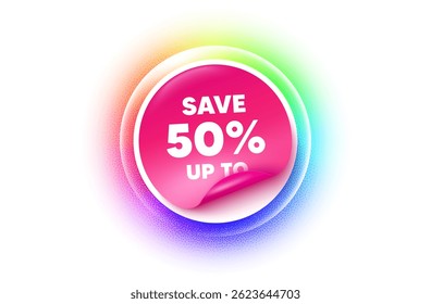 Discount sticker rainbow gradient. Paper offer price tag. Save up to 50 percent tag. Discount Sale offer price sign. Special offer symbol. Sticker label. Grain dots effect. Vector
