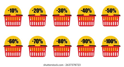 Discount sticker set from 10% to 100%. Red shopping basket with yellow promotional tag, label, sticker special offer off discount message isolated on white background. Shopping advertisement. Vector