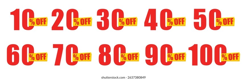 Discount sticker set from 10% to 100% off. Discount sticker isolated on white background. Special offer price tag, sale banner, promotional label. For marketing, advertising, and retail sales