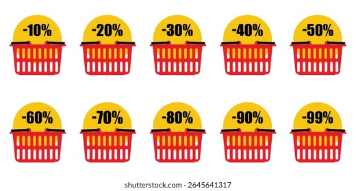 Discount sticker set from 10% to 99%. Red shopping basket with yellow promotional tag, label, sticker special offer off discount message isolated on white background. Shopping advertisement. Vector