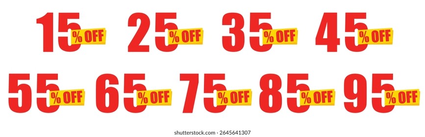 Discount sticker set from 15% to 95% off. Discount sticker isolated on white background. Special offer price tag, sale banner, promotional label. For marketing, advertising, and retail sales