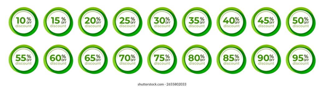Discount sticker set. Collection of green round discount labels from 10% to 95% off for sale and promotion.