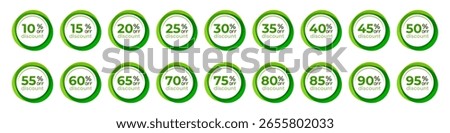Discount sticker set. Collection of green round discount labels from 10% to 95% off for sale and promotion.