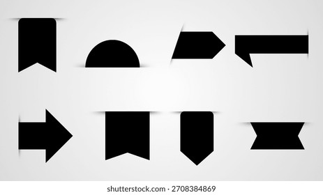 Conjunto de pegatinas de descuento. Insignias negras de promoción de borde ondulado. etiquetas de forma de pegatina para Precio. Pegatinas de venta en blanco. Silueta simple. Etiquetas vintage planas. Vector Ilustración gráfica