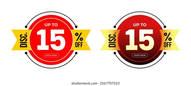 Discount Sticker of Special Offer discount up to 15% Off percent. Black and Red Gradient background isolated on white. Circle frame with ribbon. For Tag, Price, Discount Label. Vector Illustration