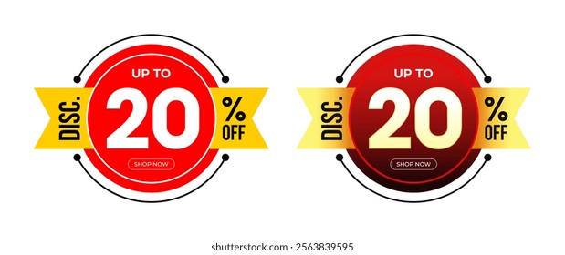 Discount Sticker of Special Offer discount up to 20% Off percent. Black and Red Gradient background isolated on white. Circle frame with ribbon. For Tag, Price, Discount Label. Vector Illustration