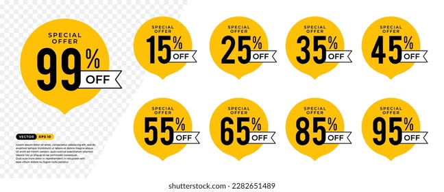 Discount Sticker of Special Offer 25% Off . 15, 25, 35, 45, 55, 65, 85, 95 percent. Black and Yellow Tag, Price Discount Label. Vector Illustration