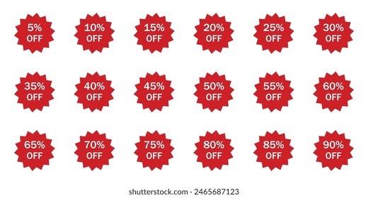 Discount Sticker of Special Offer 5% to 90 % special offer icon. 5% 10% 15% 20% 25% 30% 35% 40% 45% 50% 55% 60% 65% 70% 75% 80% 85% 90%. Set of discount number template red and white color.