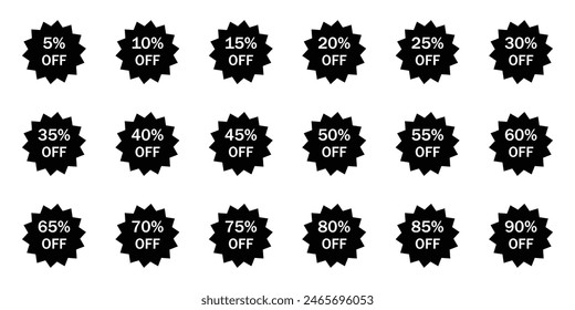 Discount Sticker of Special Offer 5% to 90 % special offer icon. 5% 10% 15% 20% 25% 30% 35% 40% 45% 50% 55% 60% 65% 70% 75% 80% 85% 90%. Set of discount number template black and white color.