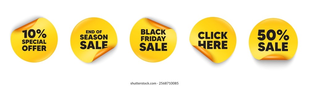 Discount sticker tag. 50 percent discount, Black friday paper price banners. 10 percent discount offer tag. Sale price promo sign. Special offer symbol. Click here sticker. Vector