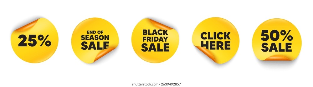 Discount sticker tag. 50 percent discount, Black friday paper price banners. 25 percent off sale tag. Discount offer price sign. Special offer symbol. Click here sticker. Vector