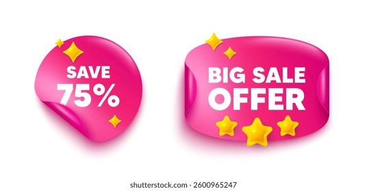Discount sticker tag. Big offer paper price banner. Save 75 percent off tag. Sale Discount offer price sign. Special offer symbol. Discount sticker with 3d stars. Vector