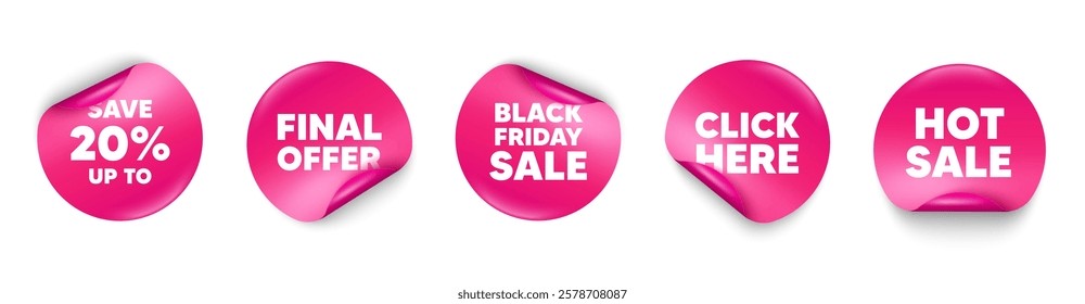 Discount sticker tag. Click here, Black friday paper price banners. Save up to 20 percent tag. Discount Sale offer price sign. Special offer symbol. Hot sale sticker. Promo banners. Vector