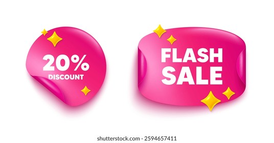 Discount sticker tag. Flash offer paper price banner. 20 percent discount tag. Sale offer price sign. Special offer symbol. Discount sticker with 3d glitter. Vector