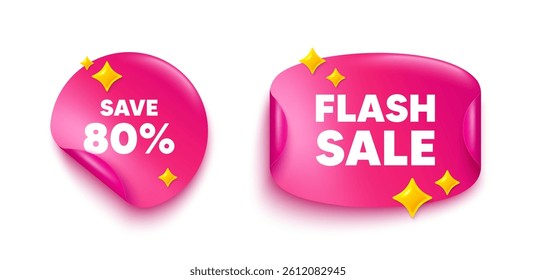 Discount sticker tag. Flash offer paper price banner. Save 80 percent off tag. Sale Discount offer price sign. Special offer symbol. Discount sticker with 3d glitter. Vector