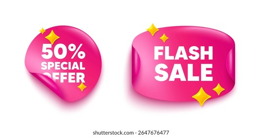 Discount sticker tag. Flash offer paper price banner. 50 percent discount offer tag. Sale price promo sign. Special offer symbol. Discount sticker with 3d glitter. Vector