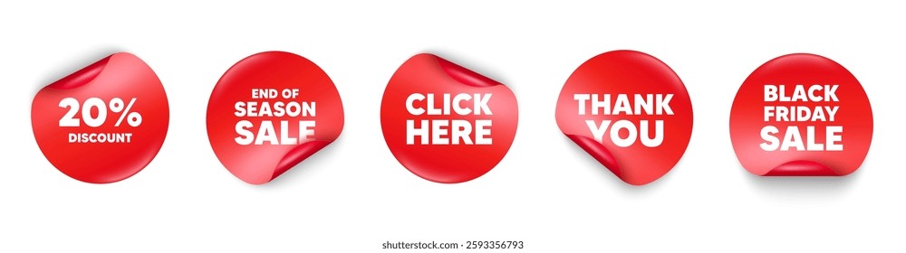 Discount sticker tag. Season sale, Black friday paper price banners. 20 percent discount tag. Sale offer price sign. Special offer symbol. Thank you sticker. Vector