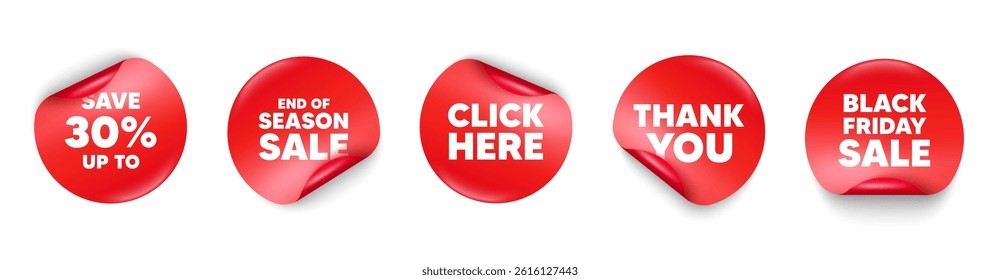 Discount sticker tag. Season sale, Black friday paper price banners. Save up to 30 percent tag. Discount Sale offer price sign. Special offer symbol. Thank you sticker. Vector
