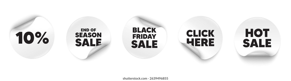 Discount sticker tag. Season sale, Black friday paper price banners. 10 percent off sale tag. Discount offer price sign. Special offer symbol. Click here sticker. Vector