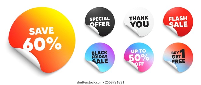 Discount sticker tag. Special offer paper price tags. Save 60 percent off tag. Sale Discount offer price sign. Special offer symbol. Discount, black friday sticker. Promo banner. Vector