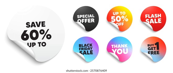 Discount sticker tag. Special offer paper price tags. Save up to 60 percent. Discount Sale offer price sign. Special offer symbol. Discount, black friday sticker. Promo banner. Vector