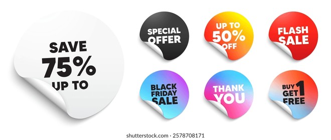 Discount sticker tag. Special offer paper price tags. Save up to 75 percent. Discount Sale offer price sign. Special offer symbol. Discount, black friday sticker. Promo banner. Vector