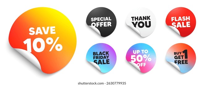 Discount sticker tag. Special offer paper price tags. Save 10 percent off tag. Sale Discount offer price sign. Special offer symbol. Discount, black friday sticker. Promo banner. Vector