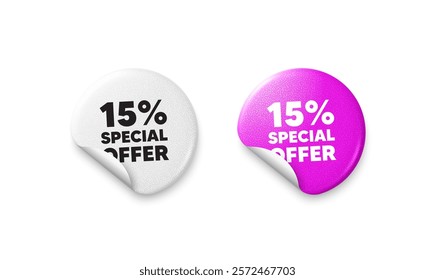 Discount sticker tags. Glitter paper price badge. 15 percent discount offer tag. Sale price promo sign. Special offer symbol. Offer round sticker. Promo banner. Vector