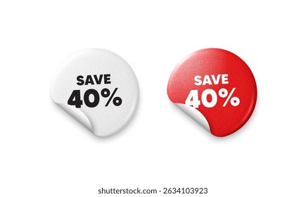 Etiquetas adesivas de desconto. Crachá de preço de papel brilhante. Economize 40%. Sinal de preço de oferta de desconto de venda. Símbolo de oferta especial. Ofereça adesivo redondo. Banner promocional. Vetor