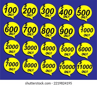 Discount sticker Template with 100, 200, 300, 400, 500, 600, 700, 800, 900, 1000, 2000, 3000, 4000, 5000, 6000, 7000, 8000, 9000, 10000, only. Vector template design, Sale, price tag illustration