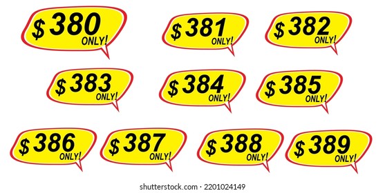 Discount sticker Template from 380 to 389, only. Vector template design, Sale, price tag illustration.