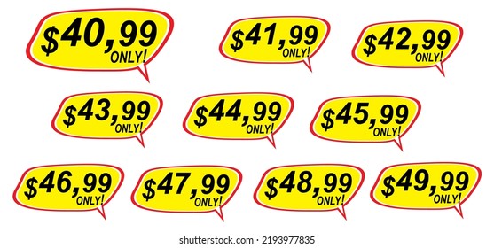 Discount sticker Template with 40,99 41,99 42,99 43,99 44,99 45,99 46,99 47,99 48,99 49,99 only. Vector template design, Sale, price tag illustration.