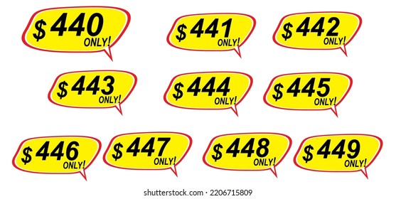 Plantilla de sticker de descuento de 440 a 449, sólo. Diseño de plantillas de vectores, venta, ilustración de etiquetas de precio