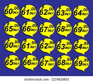 Plantilla de sticker de descuento de 60 a 69, sólo. Diseño de plantillas de vectores, Venta, ilustración de etiquetas de precio.