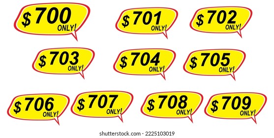 Plantilla de sticker de descuento de 700 a 709, sólo. Diseño de plantillas de vectores, Venta, ilustración de etiquetas de precio.