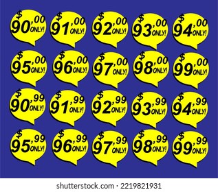 Rabattaufkleber Vorlage von 90 bis 99, nur. Vektordesign, Verkauf, Preisschild.