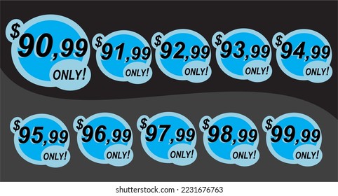 Discount sticker Template from 90,99 to 99,99, only. Vector design, Sale, price tag illustration.