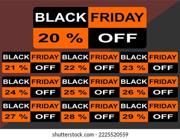 Discount sticker Template black friday from 20% to 29% off. Vector template design, Sale, price tag illustration.