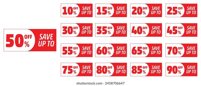 Discount Stickers Design Save up to 10 to 90 present off with red color illustration.
