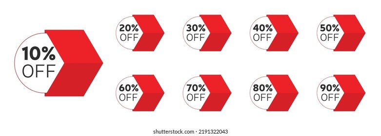 Discount stickers set for shop, retail, promotion. 10, 20, 25, 30, 40, 50, 60, 70 percentage off