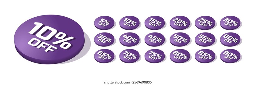 Discount stickers in the shape of a tablet in purple, 3D effect, shaded. Discount of 5, 10, 15, 20, 25, 30, 35, 40, 45, 50, 55, 60, 65, 70, 75, 80, 85, 90 percent off.