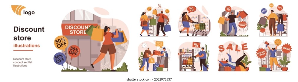 Discount store concept isolated person situations. Collection of scenes with people make bargains at special prices at sales in stores and supermarkets. Mega set. Vector illustration in flat design