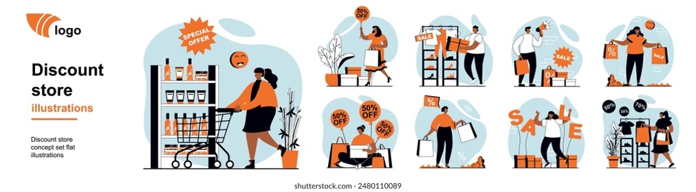 Discount store concept with people scenes mega set in flat web design. Bundle of character situation with shopping with best prices at sales in store showrooms and supermarkets. Vector illustrations.