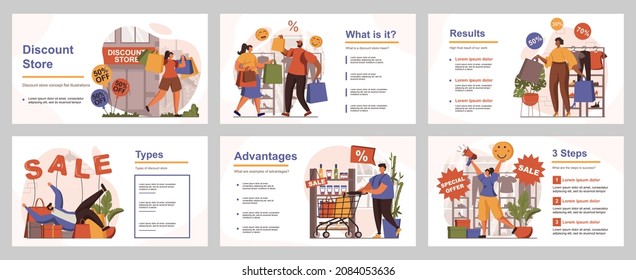 Concepto de almacén de descuentos para la plantilla de diapositiva de presentación. La gente hace negocios a precios especiales a la venta en tiendas y supermercados. Ilustración de vectores con personas planas para diseño de diseño