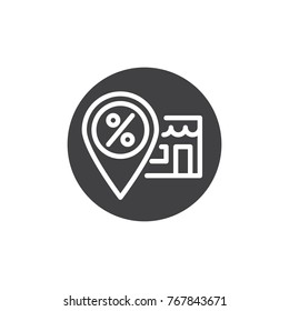 Discount store location pin icon vector, filled flat sign, solid pictogram isolated on white. Sales location symbol, logo illustration.