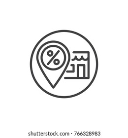 Discount store location pin line icon, outline vector sign, linear style pictogram isolated on white. Sales location symbol, logo illustration. Editable stroke