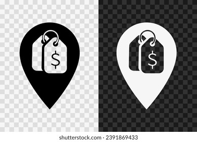 Almacenar descuento en el mapa, icono de silueta, signo de glifo vector. Símbolo de almacén de descuentos aislado en fondos transparentes oscuros y claros.